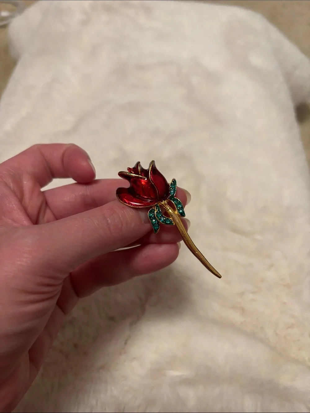 Gold-Tone Red Rose Pin Brooch with Green Accents
